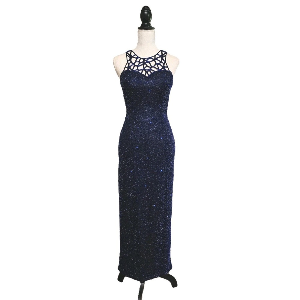 Vintage Scala Silk Beaded Navy Formal Maxi Dress Size S Old Hollywood Homecoming